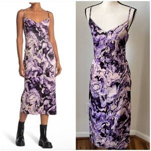 AFRM Katica Dress Women's Large Purple Marble Satin Spaghetti Straps Slip Midi